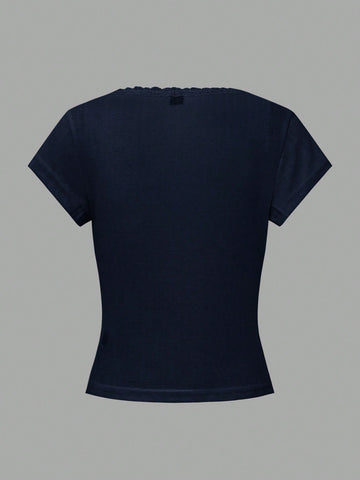 Chiquease Sweet Lace Trim Short Sleeve T-Shirt