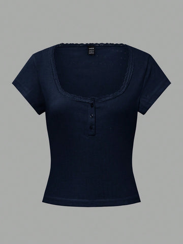 Chiquease Sweet Lace Trim Short Sleeve T-Shirt
