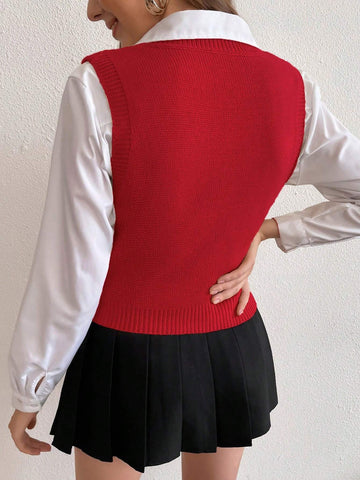Women's Solid V-Neck Casual Comfortable Knitted Sweater Vest