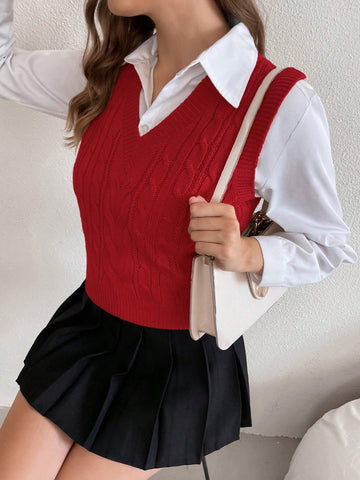 Women's Solid V-Neck Casual Comfortable Knitted Sweater Vest