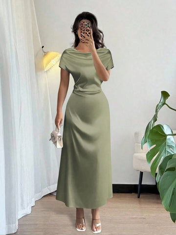 Women Elegant Date/Office Wear High Collar Tie Front Short Sleeve Satin Dress