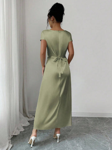 Women Elegant Date/Office Wear High Collar Tie Front Short Sleeve Satin Dress