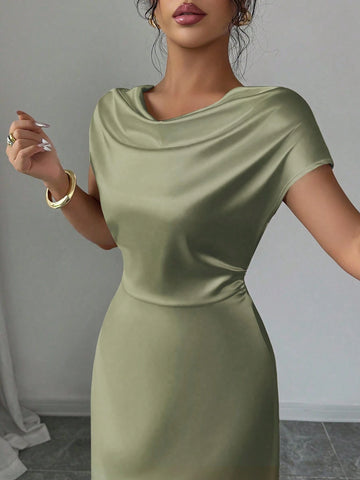 Women Elegant Date/Office Wear High Collar Tie Front Short Sleeve Satin Dress