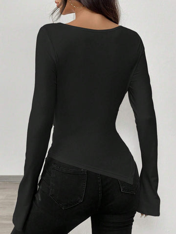 RosyDaze Asymmetric Hem Asymmetrical Neck Knit T-Shirt
