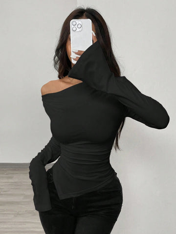 RosyDaze Asymmetric Hem Asymmetrical Neck Knit T-Shirt