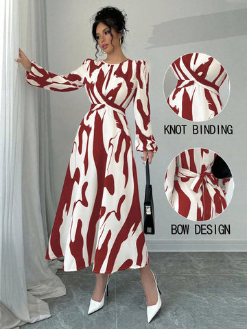 Women's Asymmetrical Printed Tie Bow Accent Elastic Cuff Casual Vacation Dress