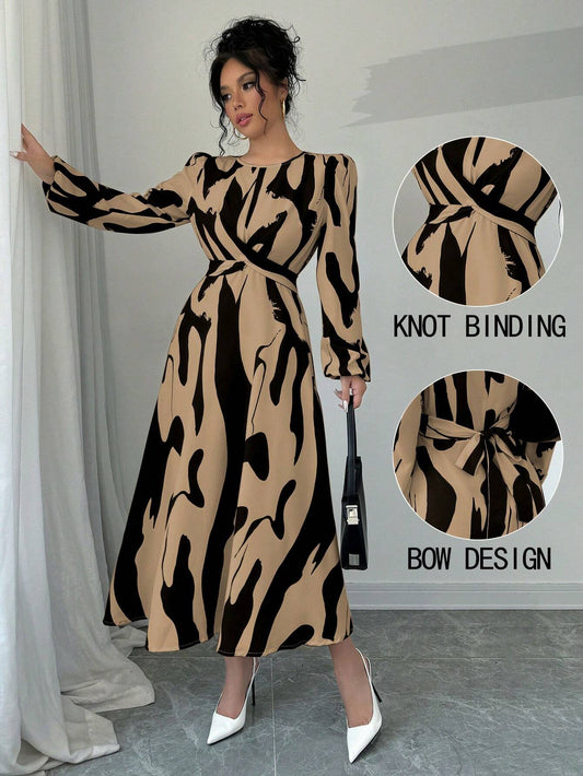 Women's Asymmetrical Printed Tie Bow Accent Elastic Cuff Casual Vacation Dress