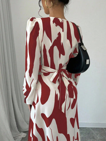 Women's Asymmetrical Printed Tie Bow Accent Elastic Cuff Casual Vacation Dress