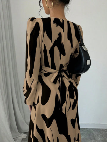 Women's Asymmetrical Printed Tie Bow Accent Elastic Cuff Casual Vacation Dress