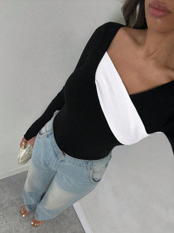 Women's Contrast Color Asymmetrical Neckline Long Sleeve Knit Sweater Top