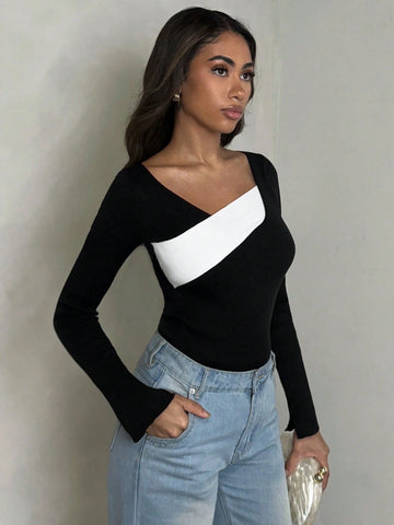 Women's Contrast Color Asymmetrical Neckline Long Sleeve Knit Sweater Top