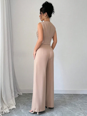 Elenzga Casual Minimalist Solid Color Sleeveless Blazer & Pants Suit Set