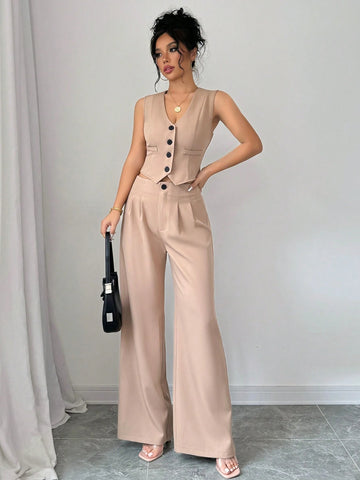 Elenzga Casual Minimalist Solid Color Sleeveless Blazer & Pants Suit Set