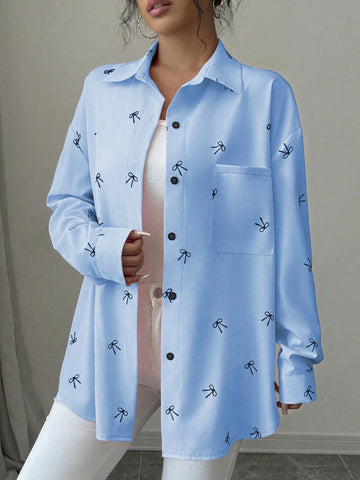 Chiquease Women's Pink Butterfly Print Drop Shoulder Loose Splicing Pocket Curved Hem Shir