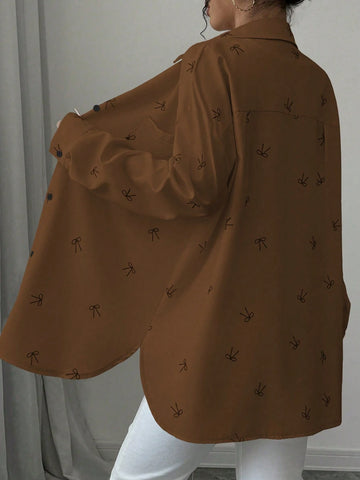 Chiquease Women's Pink Butterfly Print Drop Shoulder Loose Splicing Pocket Curved Hem Shir
