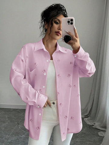 Chiquease Women's Pink Butterfly Print Drop Shoulder Loose Splicing Pocket Curved Hem Shir