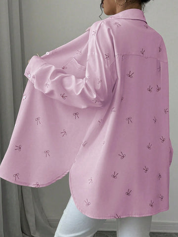 Chiquease Women's Pink Butterfly Print Drop Shoulder Loose Splicing Pocket Curved Hem Shir