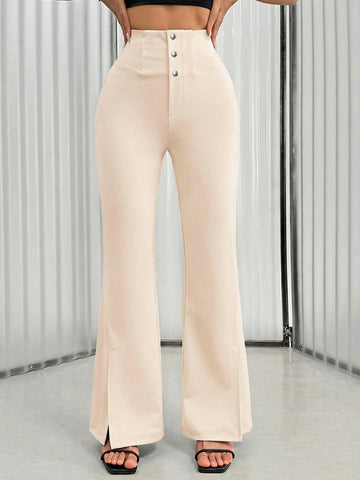 Women's Solid Color Waist Button Front Flare Leg Elegant Pants