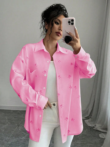 Chiquease Women's Pink Butterfly Print Drop Shoulder Loose Splicing Pocket Curved Hem Shir
