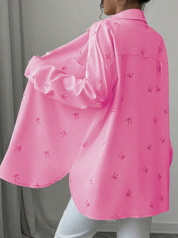 Chiquease Women's Pink Butterfly Print Drop Shoulder Loose Splicing Pocket Curved Hem Shir