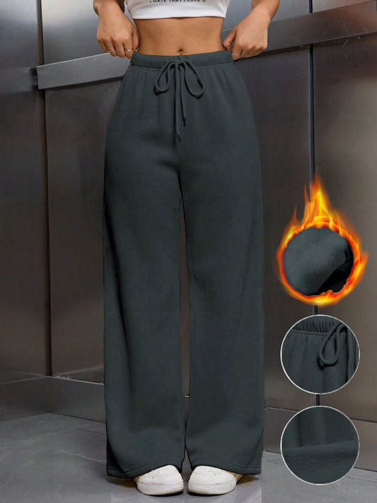 Women's Beige Thermal Lined Elastic Waist Drawstring Loose Pants