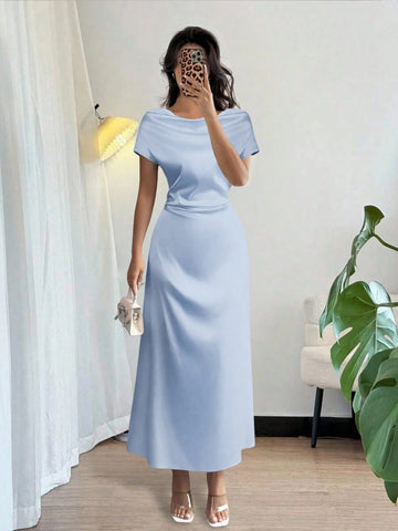 Women Elegant Date/Office Wear High Collar Tie Front Short Sleeve Satin Dress