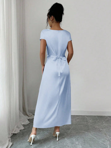 Women Elegant Date/Office Wear High Collar Tie Front Short Sleeve Satin Dress