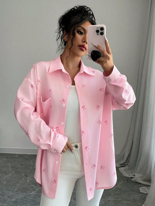 Chiquease Women's Pink Butterfly Print Drop Shoulder Loose Splicing Pocket Curved Hem Shir
