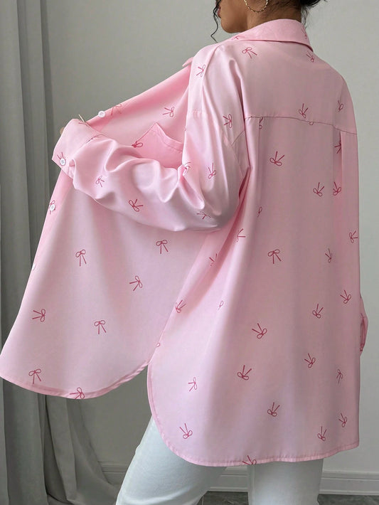 Chiquease Women's Pink Butterfly Print Drop Shoulder Loose Splicing Pocket Curved Hem Shir