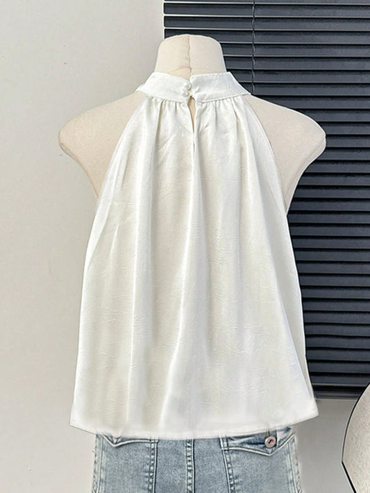 Chiquease Women's Sleeveless Plain 3D Floral Decor Casual Shirt