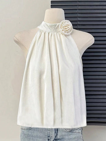 Chiquease Women's Sleeveless Plain 3D Floral Decor Casual Shirt