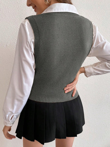 Women's Solid V-Neck Casual Comfortable Knitted Sweater Vest