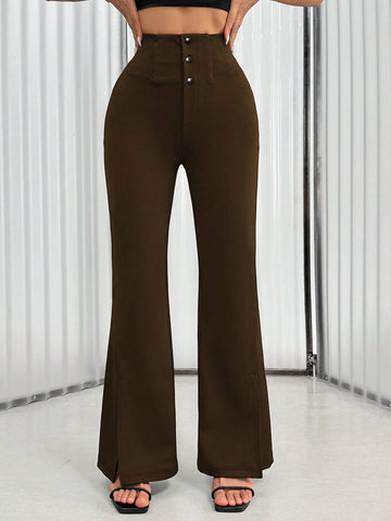 Women's Solid Color Waist Button Front Flare Leg Elegant Pants