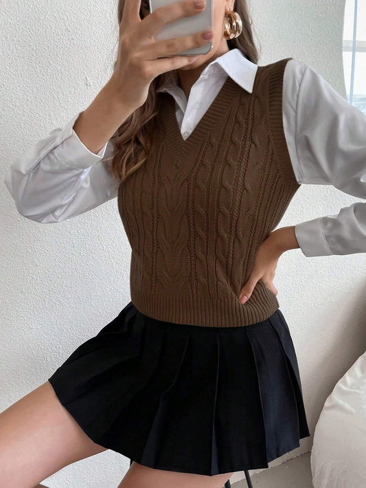 Women's Solid V-Neck Casual Comfortable Knitted Sweater Vest