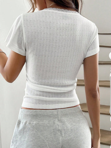 Chiquease Sweet Lace Trim Short Sleeve T-Shirt