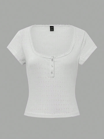Chiquease Sweet Lace Trim Short Sleeve T-Shirt