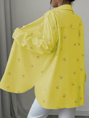 Chiquease Women's Pink Butterfly Print Drop Shoulder Loose Splicing Pocket Curved Hem Shir