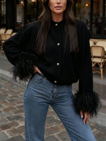 Women's Fashion Casual Red Front Furry Cuffs Metal Button Round Neck Cardigan