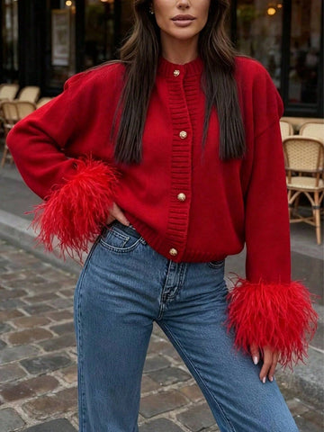 Women's Fashion Casual Red Front Furry Cuffs Metal Button Round Neck Cardigan
