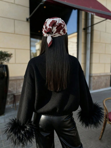 Women's Fashion Casual Red Front Furry Cuffs Metal Button Round Neck Cardigan