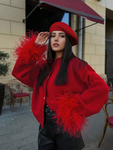 Women's Fashion Casual Red Front Furry Cuffs Metal Button Round Neck Cardigan