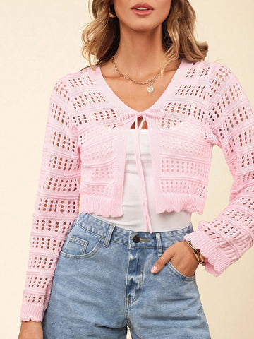 Women's Casual Solid Color Textured Hollow Out Knit Cardigan