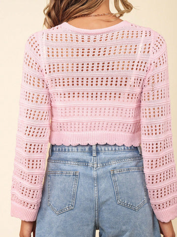 Women's Casual Solid Color Textured Hollow Out Knit Cardigan