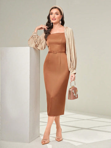 Colorblock Square Neck Lantern Sleeve Split Back Belted Dress