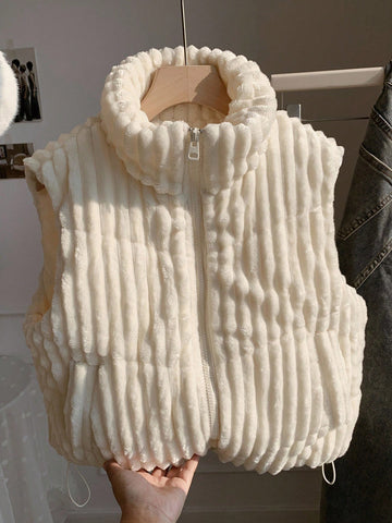 Zip Up Double Face Snap Button Corduroy Drawstring Vest Coat