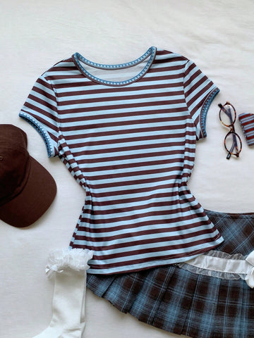 Women's Contrast Trim Round Neck Short Sleeve Casual Versatile T-Shirt