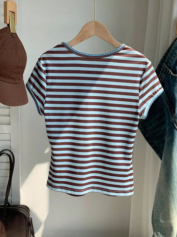Women's Contrast Trim Round Neck Short Sleeve Casual Versatile T-Shirt
