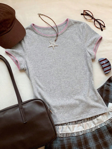 Women's Contrast Trim Round Neck Short Sleeve Casual Versatile T-Shirt