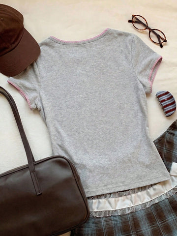 Women's Contrast Trim Round Neck Short Sleeve Casual Versatile T-Shirt
