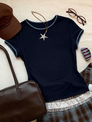Women's Contrast Trim Round Neck Short Sleeve Casual Versatile T-Shirt